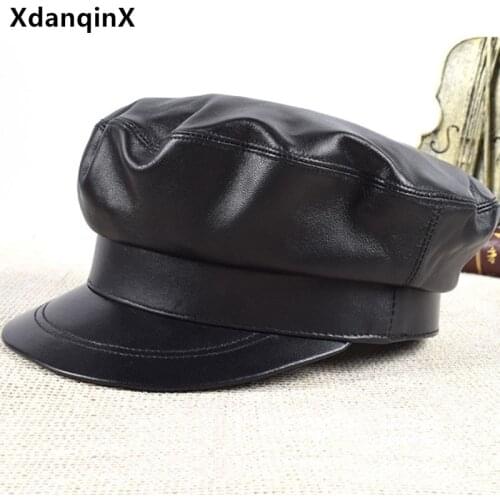 XdanqinX womens genuine leather hat army Military Hats mens sheepskin leather cap Punk retro leather hat brands black caps