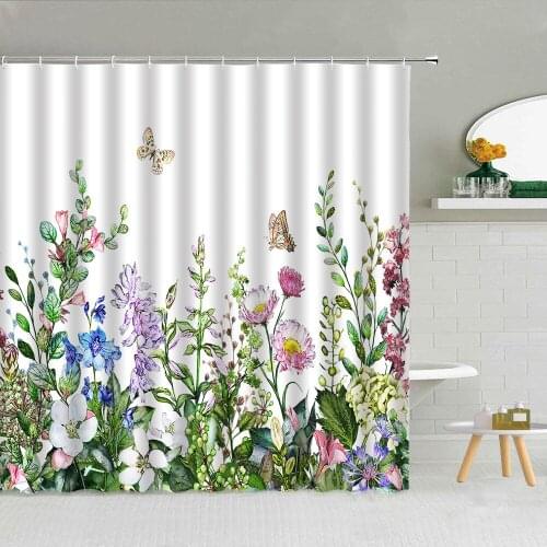 Flower Shower Curtain Tropical Plant Green Leaf Dreamy Butterfly Polyester Fabric Bathroom Supplies Hanging Curtains Home Decor