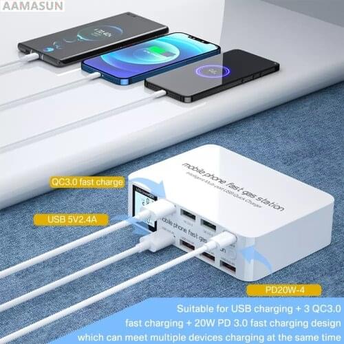 100W 8 Ports LCD Display Quick Charge 3.0 USB Charger Adapter HUB Type C PD Fast Phone Charger For iPhone Huawei Samsung Xiaomi
