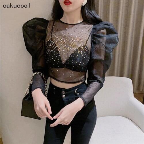 Cakucool Mesh Transparent Blouse Stamping Diamonds Puff Long Sleeve Chiffon Blouses Sexy Chic Lace Shirt Black Blusa Femme