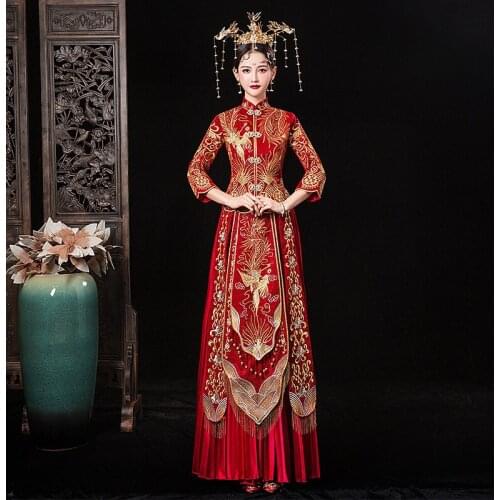 Women Qipao Party High Quality Red Chinese Wedding Dress Female Phoenix Embroidery Cheongsam Slim Traditional Dress