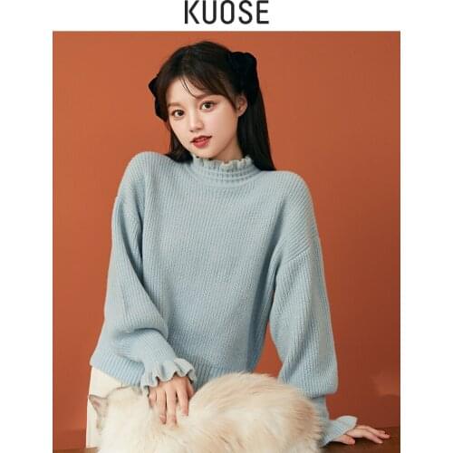 Wide short loose Pullover high neck sweater 2021 spring and autumn new French gentle style blouse for women