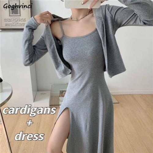 Sets Women Solid Elegant Classy 2 Pieces Cropped Cardigans Side-slit Dress Sexy Party All-match Streetwear Oversize BF Female