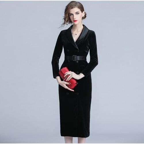 JSXDHK High Quality Womens Velvet Midi Long Sleeve Dress Autumn Winter Double-Breasted Bodycon Slim Notched Pencil Belt Dress
