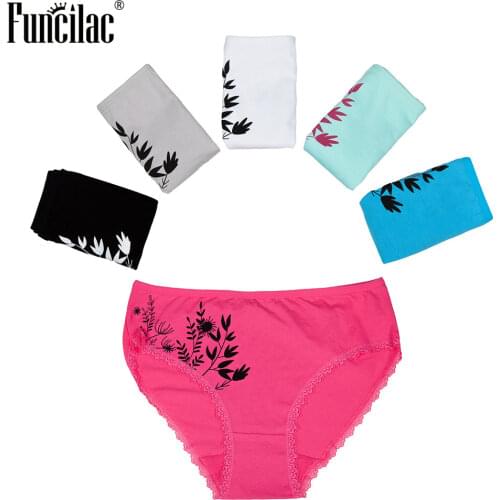 FUNCILAC Plus Size Woman Underwear Lace Sexy Underpants Girls Print Cotton Briefs For Women Mid-Rise Intimates Panties 5Pcs/Lot
