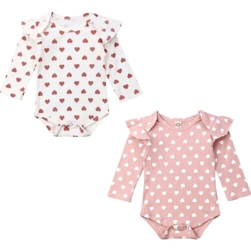 2020 New 0-18M Toddler Baby Girl Spring Pink/White Heart Print Ruffled Long Sleeve Bodysuit Infant Sweet Outfit Valentines Day