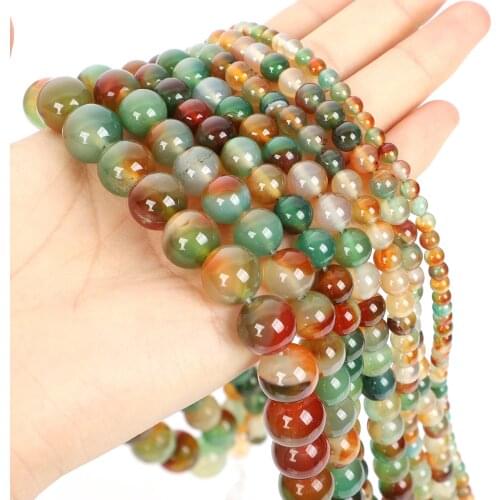 15"Strand Natural Stone Beads Smooth Flower Green Striped Agates Round Loose Beads For Jewelry Making Necklace Bracelet 4-12mm
