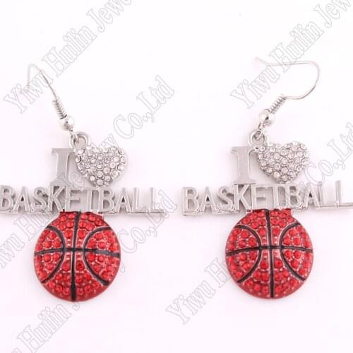 Hot Selling fashion rhodium plated earring with sparkling crystals I LOVE BASKETBALL pendant