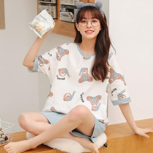 Summer Cute Girl Pajamas Set Cartoon Bear Print Cotton Short Sleeve Shorts Sleepwear Kawaii Womens Nightgown Home Suit