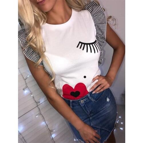 Summer Ruffle Sleeve Woman T Shirts Round Neck Casual Female Tee Shirts Fashion Slim Printed Tops Ladies Streetwear Dropshipping