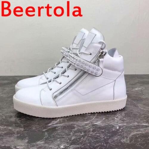 2021 Beertola Male Comfortable White Color Loafers Men Casual Shoes Rivet Party Dress Flats Sole Zipper Lace-Up Sneakers