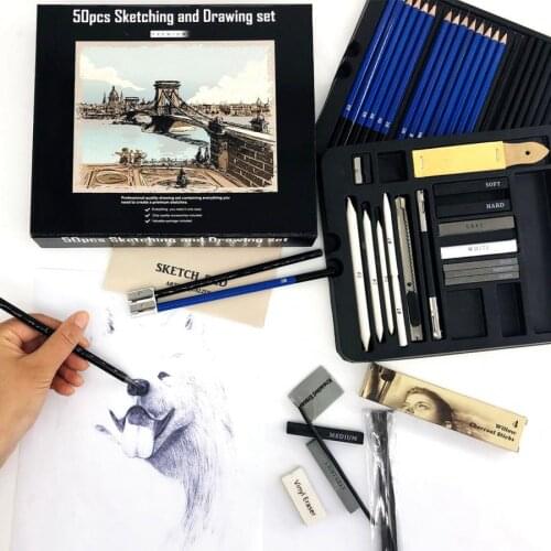 50pcs/set Professional Artist Sketch Drawing Pencil Set Pencils Sketch Charcoal Rubber Art Brush Sketch Painting Supplies