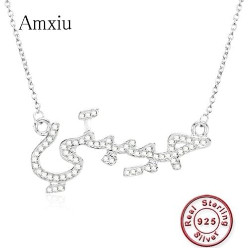 Amxiu Personalized 925 Sterling Silver Necklace Custom Arabic Name Necklace with Zircon DIY Necklace for Women Men Accessories