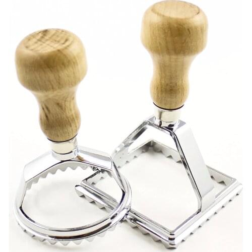 2017 New Ravioli Maker Cutter Stamp 2-Set - Round & Square Shape Mold - Large Size Aluminum Press with Natural Beechwood Handle