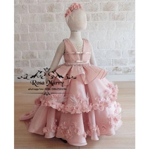 Princess Pink Feather Girls Pageant Dresses 2021 Ball Gown Crystals Beaded 3D Floral Girls Birthday Prom Party Gowns For Toddler