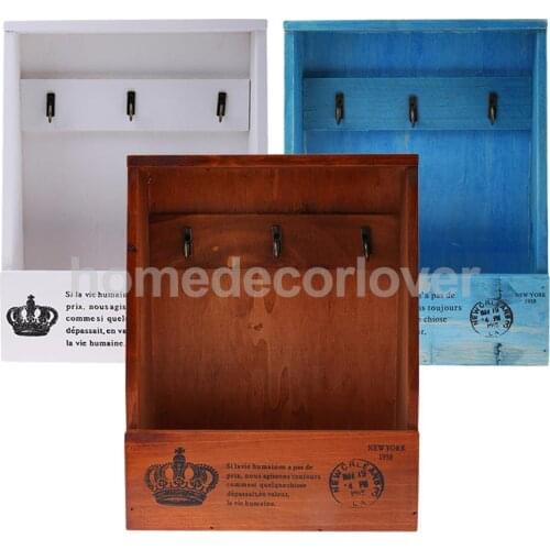 Retro Wall Mount Key Rack Storage Box Shelf Wooden Cabinet Cubby Letter Mail Holder Case