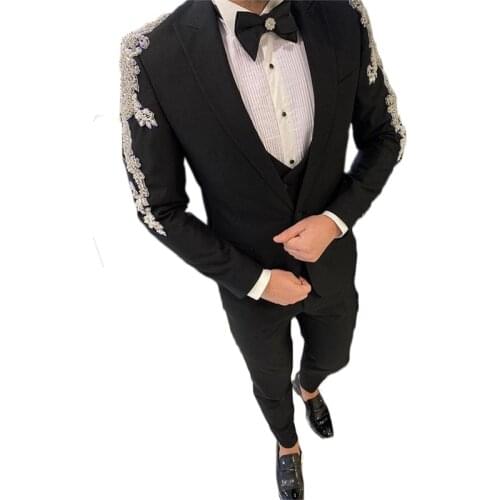 Three Pieces Luxury Men Suits Crystal Beads Custom Made Wedding Suits Two Button Tuxedos Peaked Lapel Blazer Business Coat+Pant