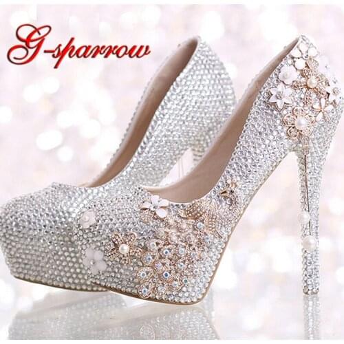 Luxurious Wedding Shoes Silver Rhinestone with Phoenix Platform Women Shoes Graduation Party High Heel Shoes Ceremony Pumps