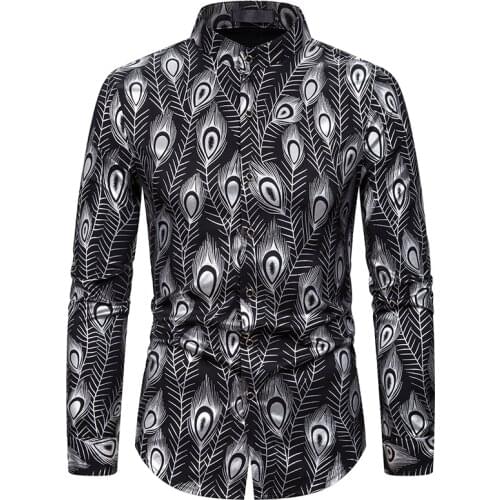 Fashion Feather Print Button Up Shirt Men 2020 Brand Mandarin Collar Long Sleeve Shirt Mens Party Formal Shirts Chemise Homme