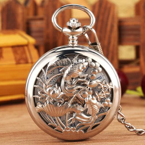 Silver Hollow Two Fish Design Manual Mechanical Pocket Watch Romen Blue Numerals Watch Face Pendant Necklace Clock Men Women