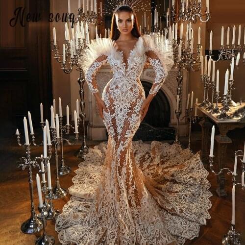 Vestido De Noiva V Neck Buttons Up Back Beaded Crystal Appliques Mermaid Wedding Dresses Long Sleeve Wedding Dresses For Brides