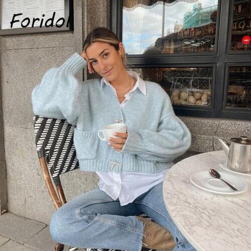 Foridol Sequined Bowknot Batwing Sleeve Sweater Cardigans Vinatge Autumn Winter Thick Blue Short Knitted Cardigan Pockets Tops