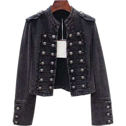 Vintage Stand Collar Denim Jackets Women Korean Moto Biker Double Breasted Long Sleeve Slim Short Black Jeans Jacket Coat Female