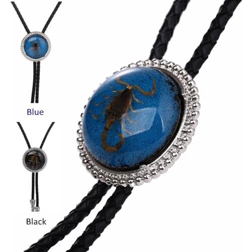 Vintage Black/Blue Western Cowboy BOLO Tie Slide Clip Sapphire/Agate Inner Scorpion PU Leather Rope Mens Fashion Accessories