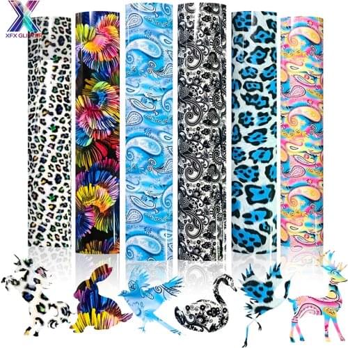 XFX HTV 12"x10" In Cricut Vinyl 6 Pcs Colorful Flowers Holographic Pattern HTV Vinyl Heat Transfer PU for T-Shirts DIY Stickers