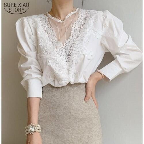 Office Lady O Neck Shirts Female Korea Hollow Out Women Blouse With Lace White Black Long Sleeve Women Blouse And Tops 12622