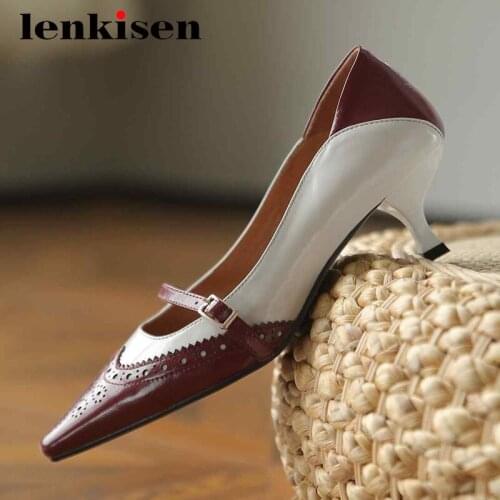 Lenkisen retro fashion full grain leather carving mixed colors square toe med heel buckle straps pretty girls women pumps L70