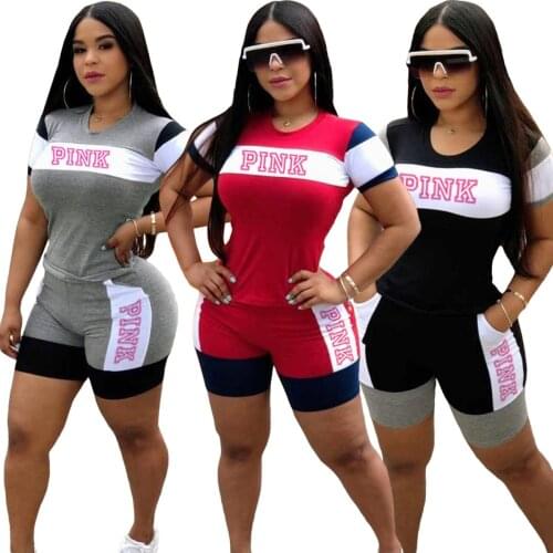Sports Style Womens Fashion Casual Color Contrast Pink Letter Print Short Sleeve Tight Fitting Two Piece Suit Drop Shipping