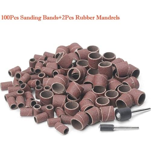 100Pcs 1/2" and 1/4" Sanding Band Sleeves Drum Kit Sandpaper Rubber 2 Mandrels -W310