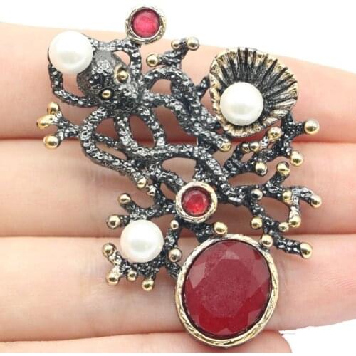 53x38mm Neo-Gothic Big Octopus 19g Real Red Ruby Created Violet Tanzanite Morganite Pearl Black Gold Silver Pendant Eye Catching