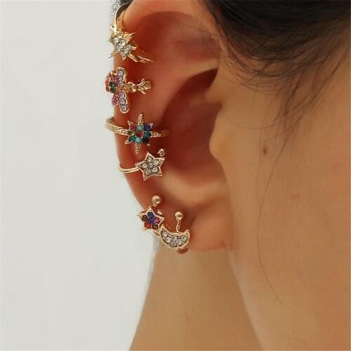 6pcs/Set Fashion Super Fairy Cold Simple And Compact Set Ear Bone Clip Exquisite Design Star Moon Earrings Wedding Jewelry