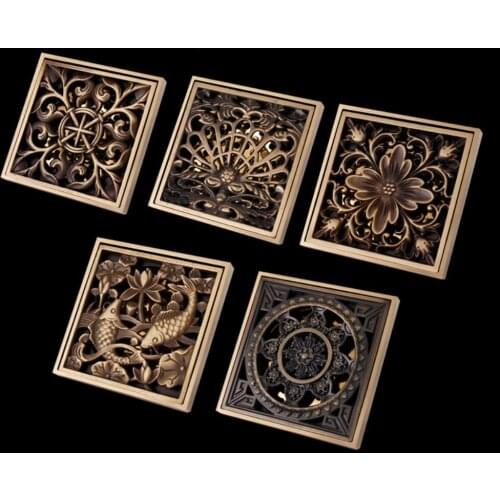 Bathroom antique brass square shower room floor drain trap garbage grille and hair filter deodorant drain pipe 10*10cm