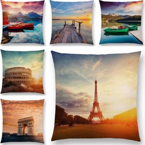 Linen Paris Eiffel Tower Cushion Cover European Landmarks Pillowcase Beautiful Scenery Sofa Throw Pillow Case for Living Room