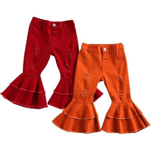 FOCUSNORM 2-7Y Fashion Kids Girls Flared Jeans Solid Color High Waist Button Ripped Trousers Pants for Girls 2 Colors