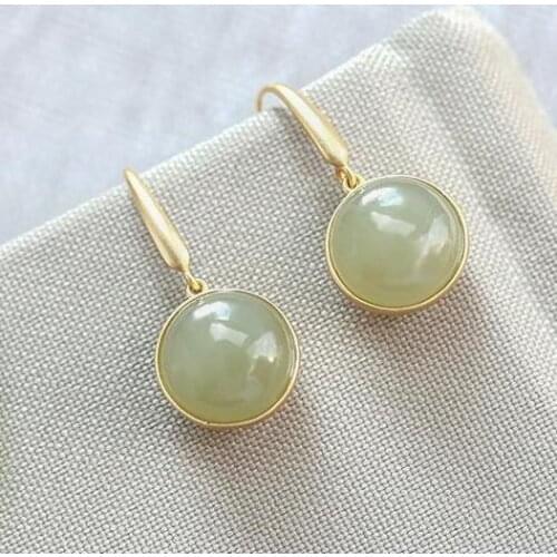 Natural Hetian Jade Gray Jade Ear Hook Earrings S925 Sterling Silver Inlaid Simple Fashion Ancient Silver Craft Lasting Color