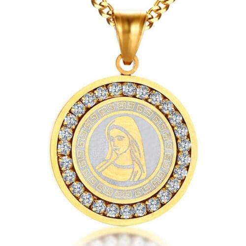 Christian Gold Stainless Steel Crystal Cubic Zirconia Round Tag Virgin Mary Pendant Necklace Unisex Amulet Jewellery