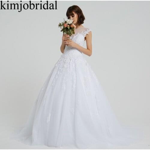 Real Wedding Dresses Sheer Crew Neckline Lace Appliques Beading Sequins Beaded Court Train Bridal Dresses Actual Image