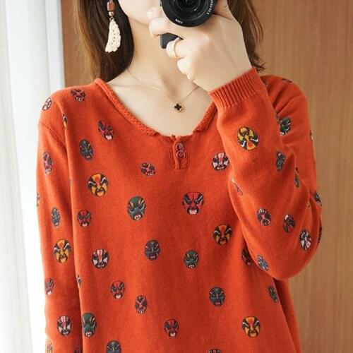 Autumn Casual Womens T-shirt Retro Printing All-match Loose-fitting Female Pullover V-neck Long-sleeved Inner Base Shirt Tops