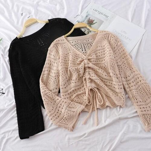 Heliar Autumn Bow Drawstring Knitted Blouse Sun screen Tops Thin Solid Sexy Hollow Out Blouse Long Sleeve Green Tops
