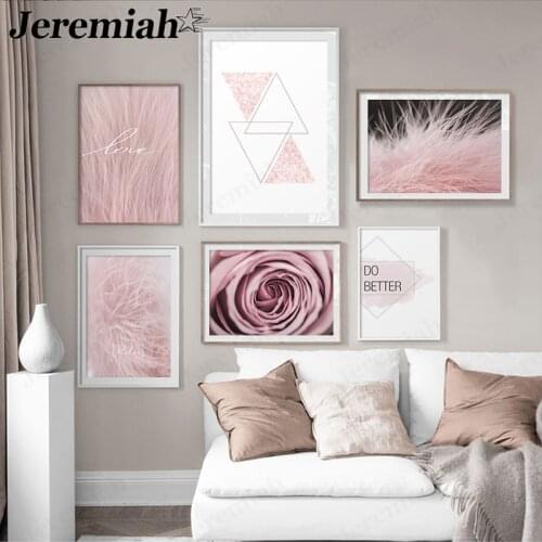Romantic Pink Feather Canvas Painting Rose Flower Love Letter Poster Wall Art Nordic Style Girl Room Home Decoration Accessories