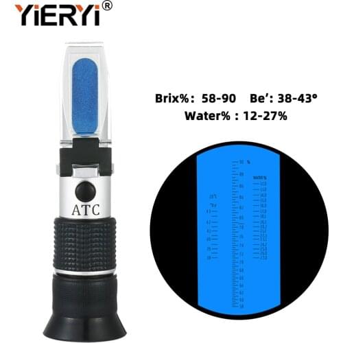 Yieryi Handheld Refractometer Honey Refraction Tools 58~90% Brix 38~43 Be Baume Honey Wine Water Contents (12-27%) Refractometer