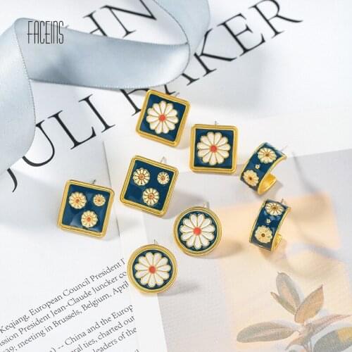 FACEINS Small Daisy Earrings For Women Geometric Style Ring Earrings Female Retro Earring Enamel Ink Blue Statement Ear Ring