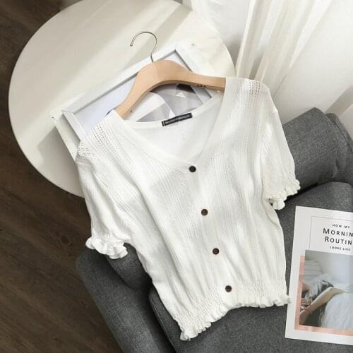Slim girls soft knitted blouses 2021 summer fashion ladies elegant bomb short blouse vintage female chic tops women sweet tops