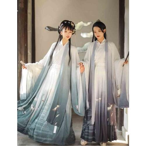 Hanfu Women Chinese Traditional Ancient Hanfu Dress Couples Carnival Cosplay Costume Hanfu Jacket Gray&Blue Outfit For Women Men