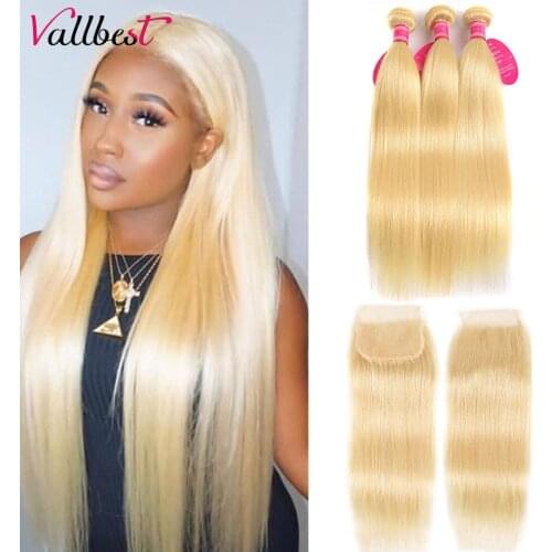 Vallbest 613 Blonde Straight Hair Bundles With Closure Brazilian Human Hair Bundles With Lace Closure With Baby Hair Remy Hair
