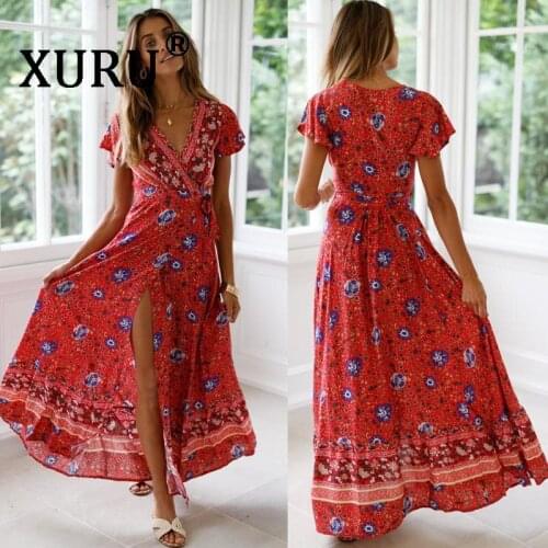 XURU Summer New Womens Print Dress Sexy V-neck Long Dress Bohemian Holiday Dress